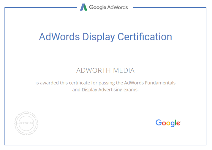 Adworth Media Google Display Ad Certificate